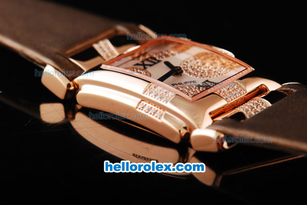 Patek Philippe Twenty-4 Swiss Quartz Movement Rose Gold Case with Diamonds/White Dial and Brown Leather Strap - Click Image to Close